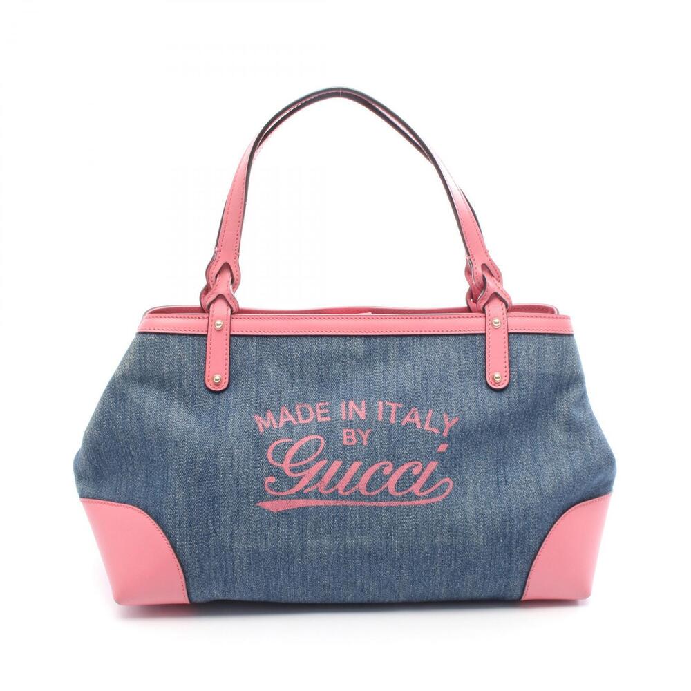 Gucci Craft Tote Bag Denim Leather Navy Blue Pink